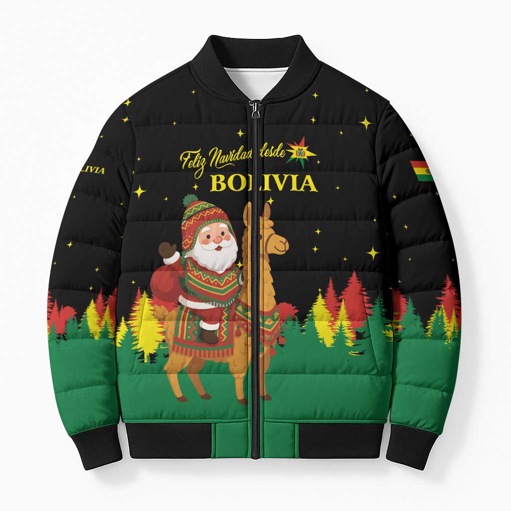 Bolivia Christmas Bomber Puffer Jacket with Santa Claus Llama Andean Outfit and Festive Tree Design - Wonder Print Shop