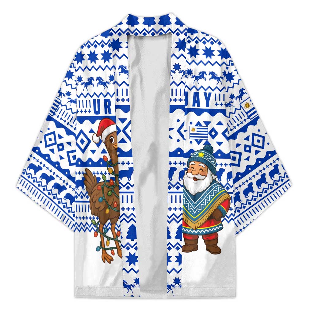 Uruguay Christmas Kimono with Santa Claus Rhea Bird Holiday Lights and Blue Geometric Pattern - Wonder Print Shop