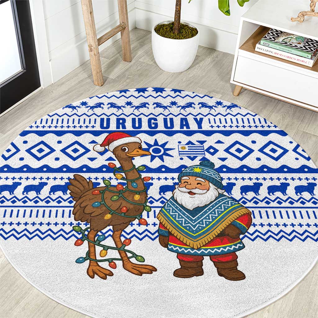 Uruguay Christmas Round Carpet with Santa Claus Rhea Bird Holiday Lights and Blue Geometric Pattern - Wonder Print Shop