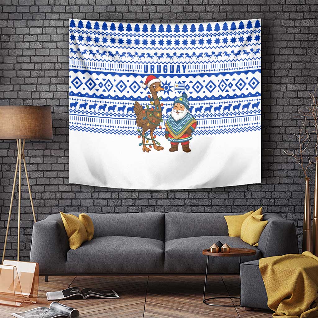 Uruguay Christmas Tapestry with Santa Claus Rhea Bird Holiday Lights and Blue Geometric Pattern - Wonder Print Shop