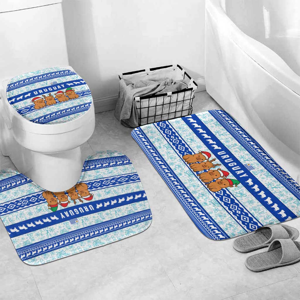 Uruguay Christmas Bathroom Set with Capybaras Holiday Tree Sun Emblem and Blue Festive Pattern - Wonder Print Shop