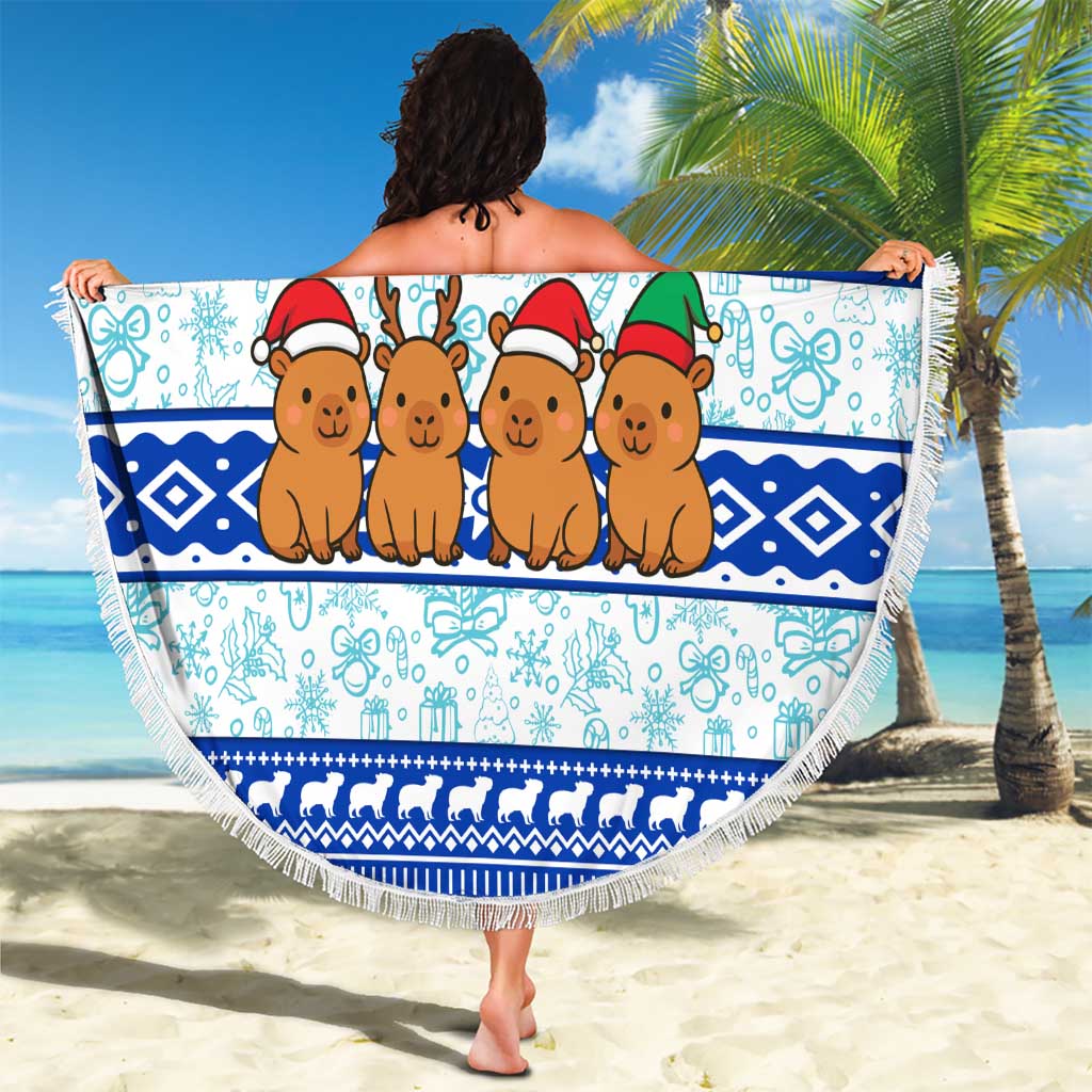 Uruguay Christmas Beach Blanket with Capybaras Holiday Tree Sun Emblem and Blue Festive Pattern - Wonder Print Shop