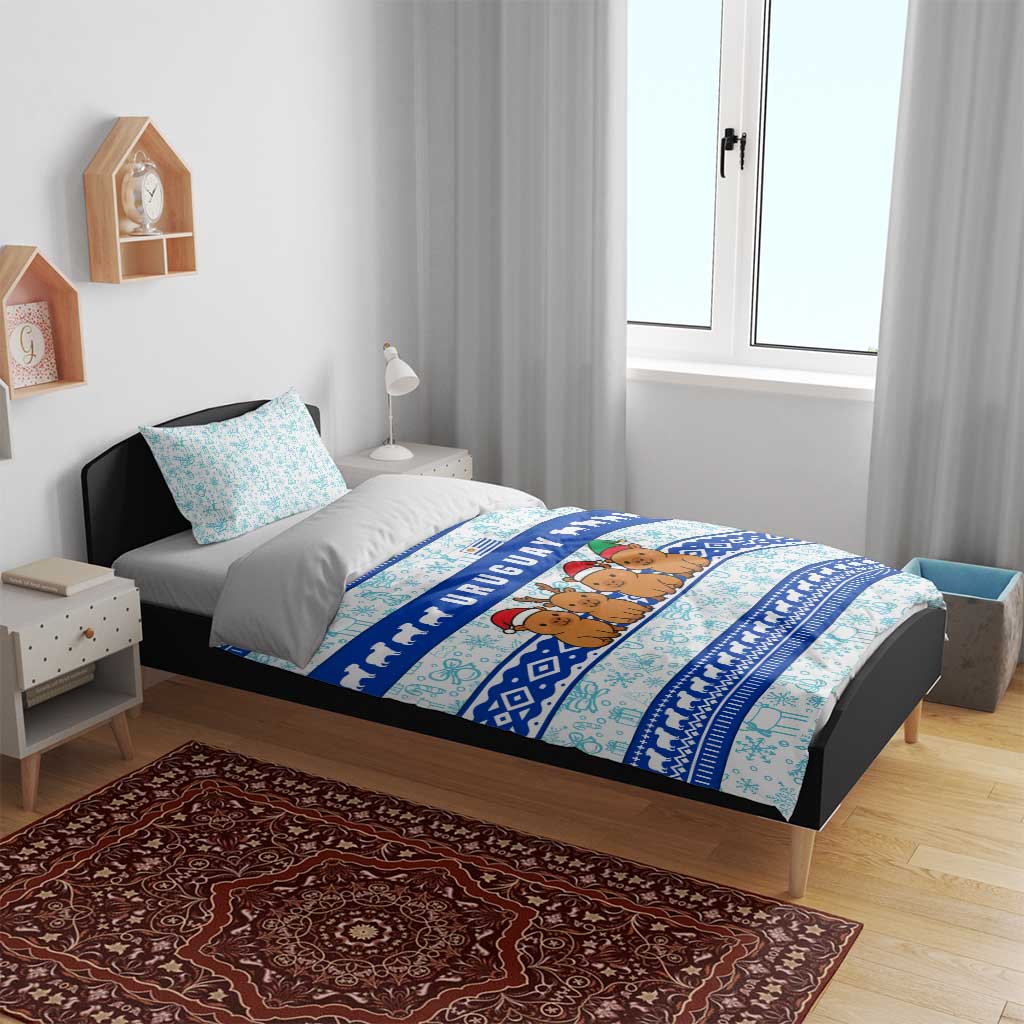 Uruguay Christmas Bedding Set with Capybaras Holiday Tree Sun Emblem and Blue Festive Pattern - Wonder Print Shop