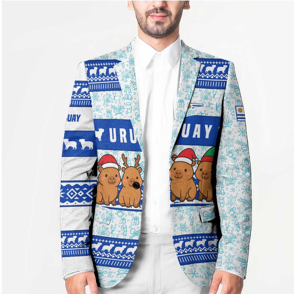 Uruguay Christmas Blazer with Capybaras Holiday Tree Sun Emblem and Blue Festive Pattern - Wonder Print Shop