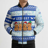 Uruguay Christmas Bomber Puffer Jacket with Capybaras Holiday Tree Sun Emblem and Blue Festive Pattern - Wonder Print Shop