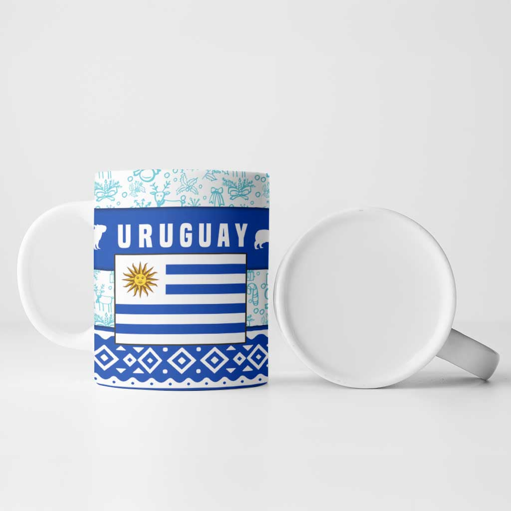 Uruguay Christmas Ceramic Mug with Capybaras Holiday Tree Sun Emblem and Blue Festive Pattern - Wonder Print Shop