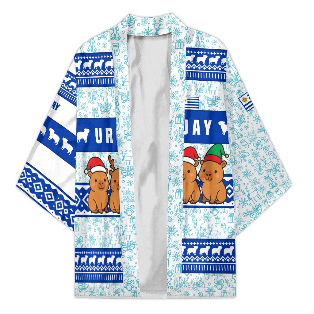 Uruguay Christmas Kimono with Capybaras Holiday Tree Sun Emblem and Blue Festive Pattern - Wonder Print Shop