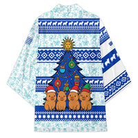Uruguay Christmas Kimono with Capybaras Holiday Tree Sun Emblem and Blue Festive Pattern - Wonder Print Shop
