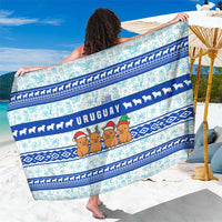 Uruguay Christmas Sarong with Capybaras Holiday Tree Sun Emblem and Blue Festive Pattern - Wonder Print Shop