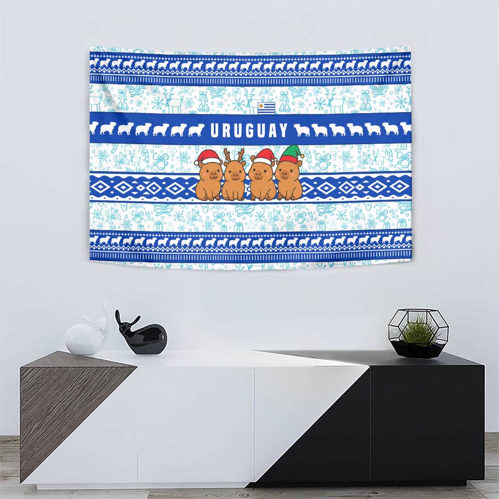 Uruguay Christmas Tapestry with Capybaras Holiday Tree Sun Emblem and Blue Festive Pattern - Wonder Print Shop