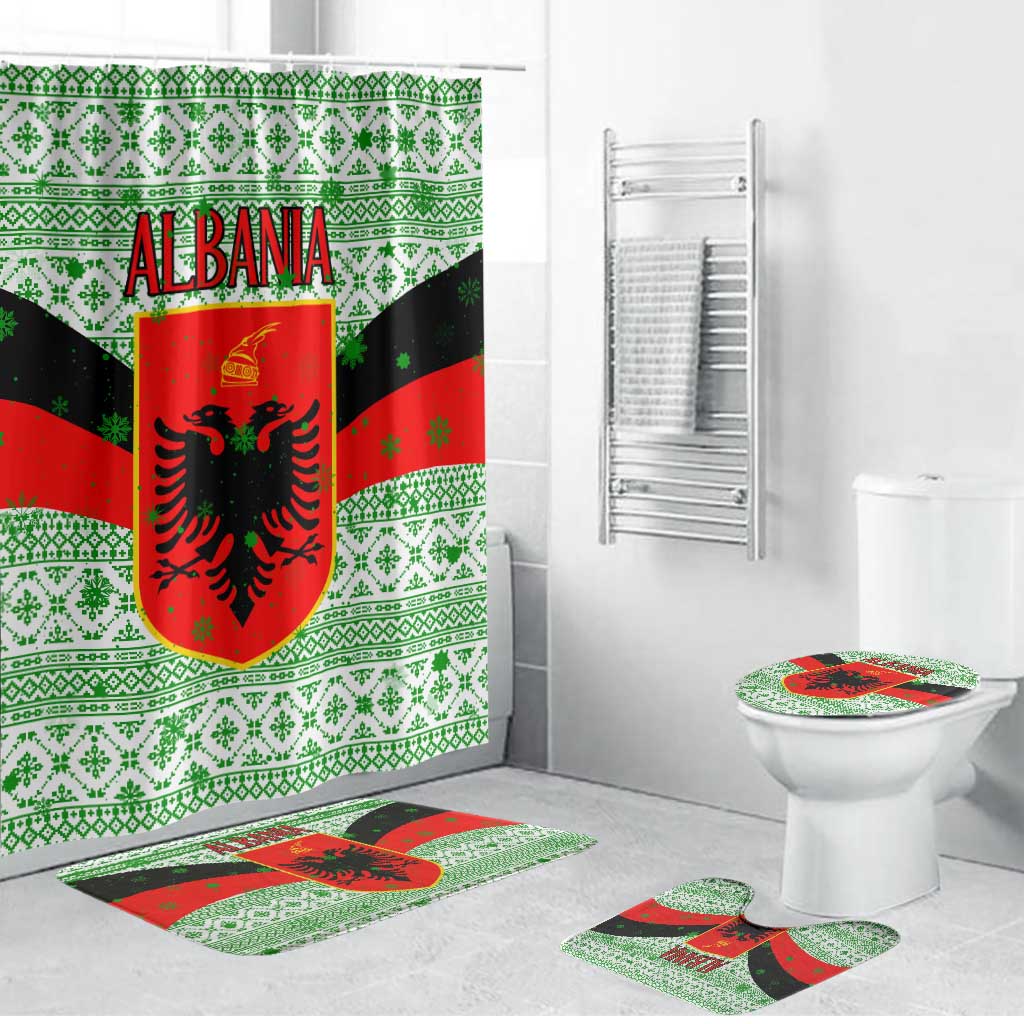 Albania Christmas Bathroom Set with Green-Red Design, Double-Headed Eagle Emblem, and Santa Motif - Wonder Print Shop
