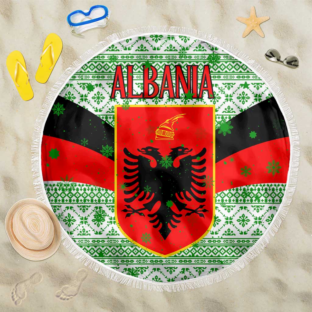 Albania Christmas Beach Blanket with Green-Red Design, Double-Headed Eagle Emblem, and Santa Motif - Wonder Print Shop