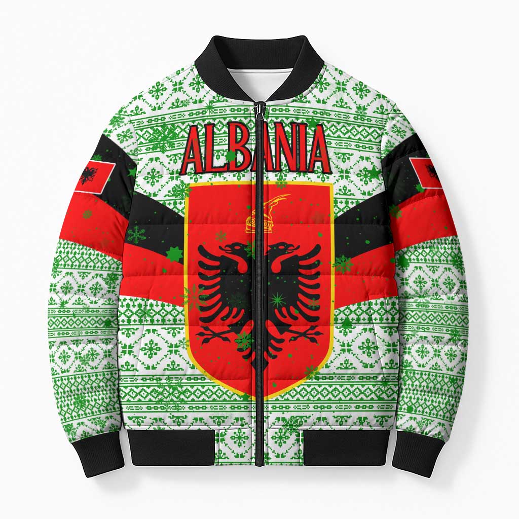 Albania Christmas Bomber Puffer Jacket with Green-Red Design, Double-Headed Eagle Emblem, and Santa Motif - Wonder Print Shop