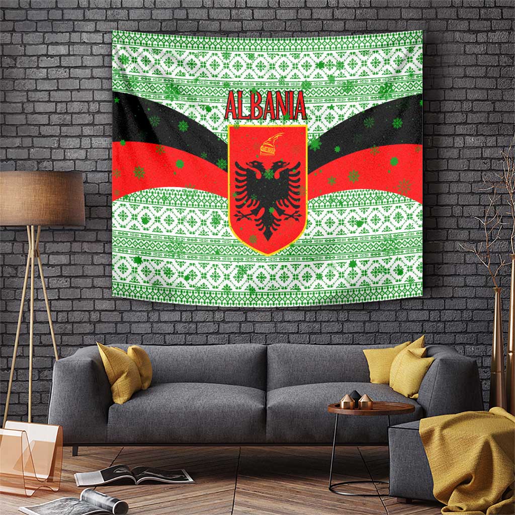 Albania Christmas Tapestry with Green-Red Design, Double-Headed Eagle Emblem, and Santa Motif - Wonder Print Shop