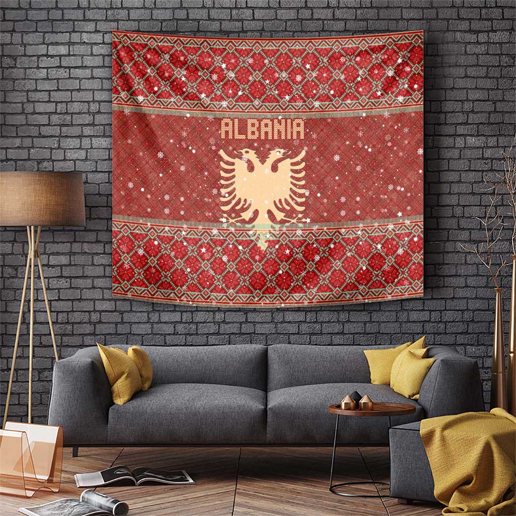 Albania Christmas Tapestry with Red Geometric Design, Golden Double-Headed Eagle, and Santa Motif - Wonder Print Shop