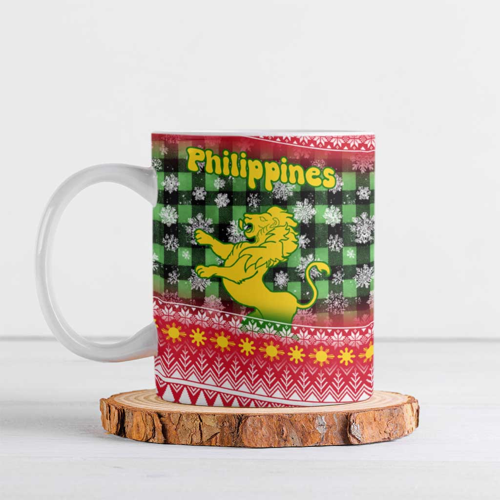 Philippines Christmas Ceramic Mug with Red-Green Plaid Design, Yellow Lion, and National Coat of Arms Motif - Wonder Print Shop