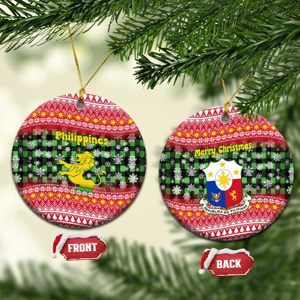 Philippines Christmas Ceramic Ornament with Red-Green Plaid Design, Yellow Lion, and National Coat of Arms Motif - Wonder Print Shop