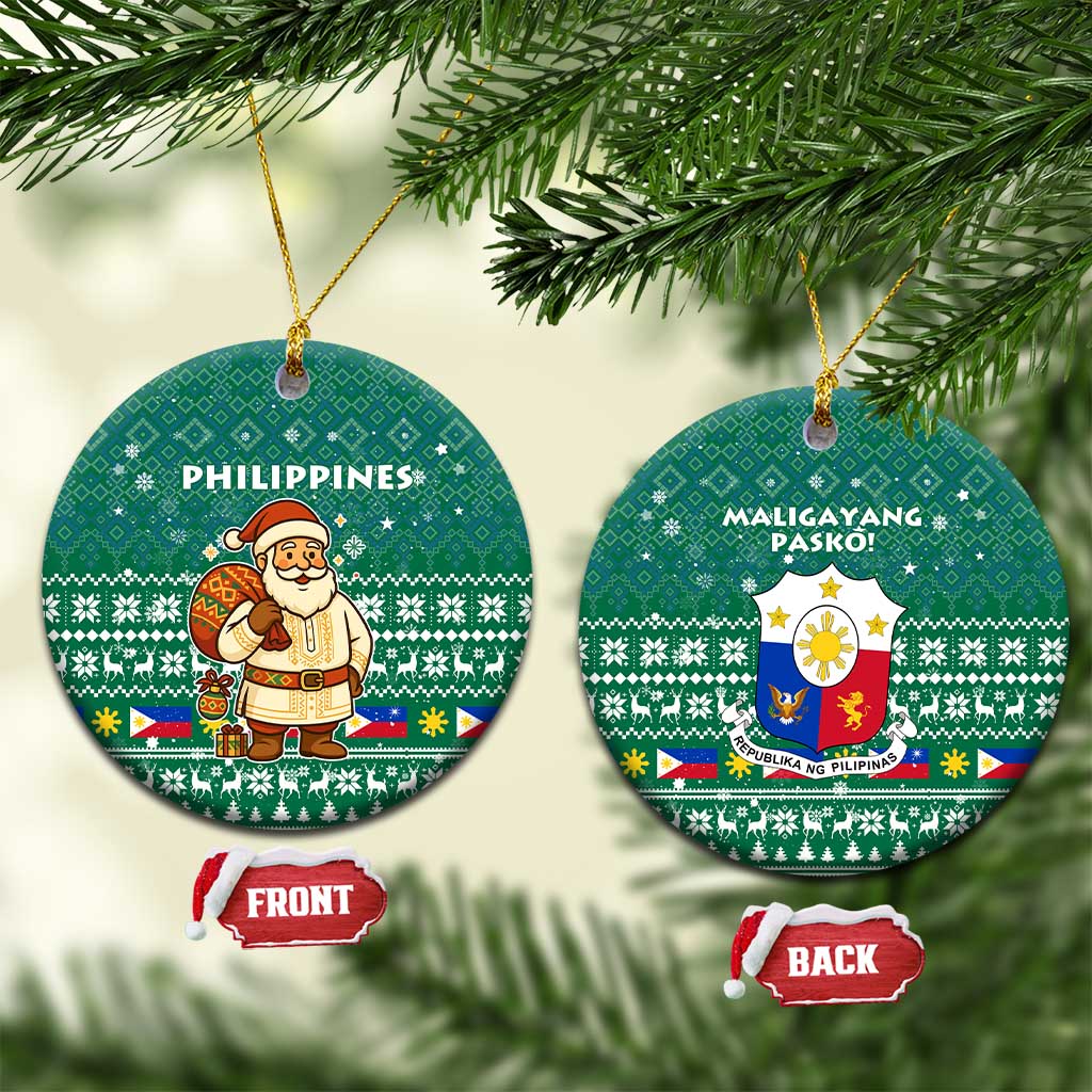 Philippines Christmas Ceramic Ornament with Green Geometric Design, Santa in Barong Tagalog, and National Coat of Arms Motif - Wonder Print Shop