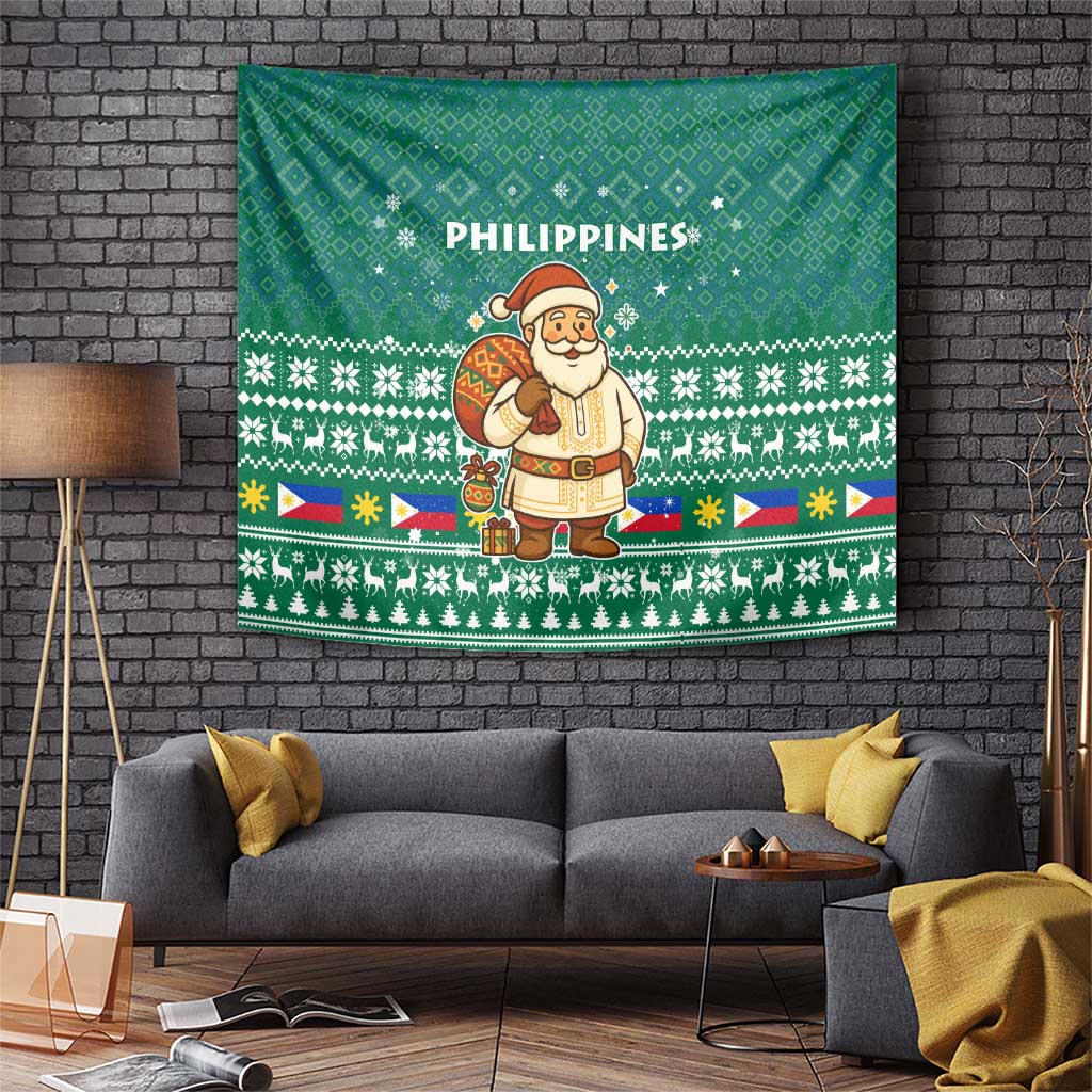 Philippines Christmas Tapestry with Green Geometric Design, Santa in Barong Tagalog, and National Coat of Arms Motif - Wonder Print Shop