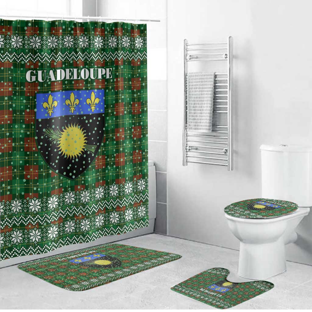 Guadeloupe Christmas Bathroom Set with Green-Red Plaid Design, Sun and Sugarcane Emblem, and Santa Sleigh Motif - Wonder Print Shop