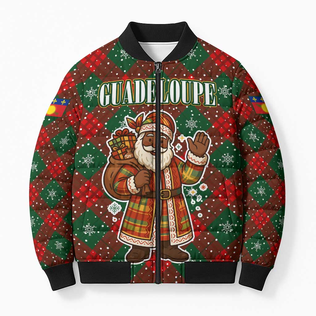 Guadeloupe Christmas Bomber Puffer Jacket with Green-Red Plaid Design, Island Map, and Traditional Santa Motif - Wonder Print Shop