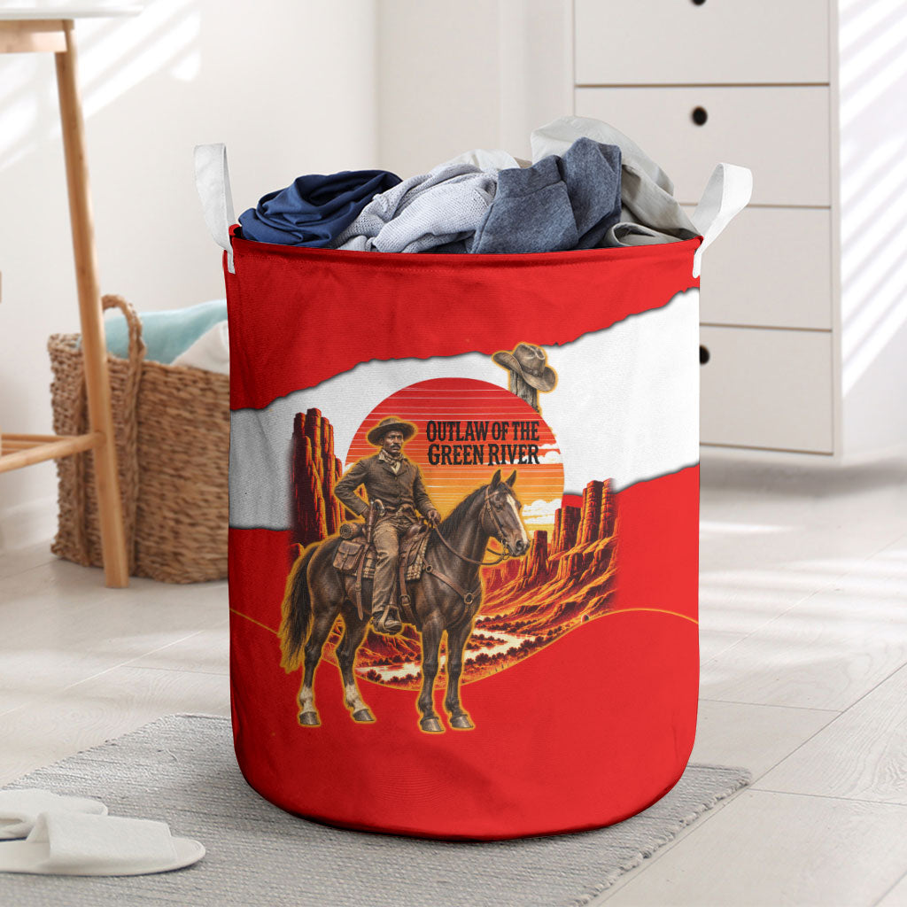 Isom Dart Outlaw Of The Green River Browns Park Laundry Basket Vintage Western Black Cowboy Skull Desert Sunset