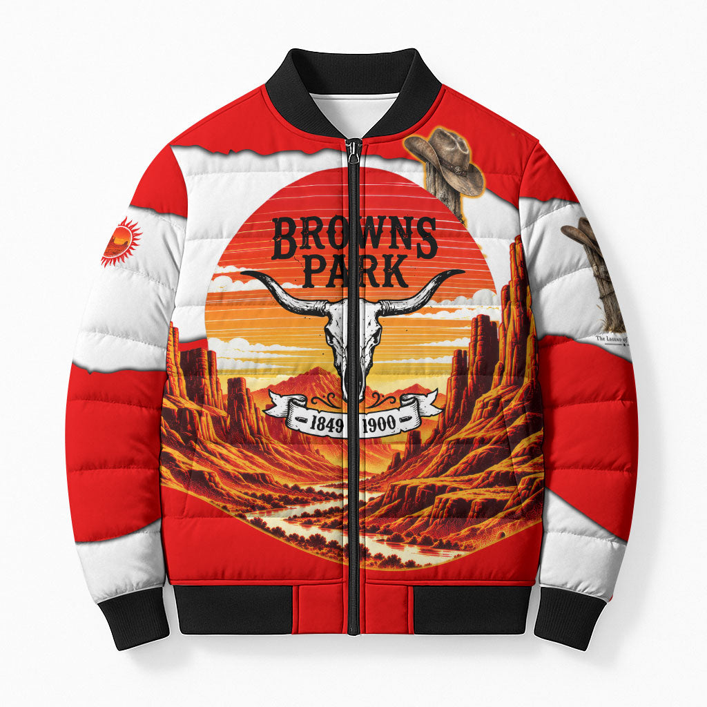 Isom Dart Outlaw Of The Green River Browns Park Bomber Puffer Jacket Vintage Western Black Cowboy Skull Desert Sunset