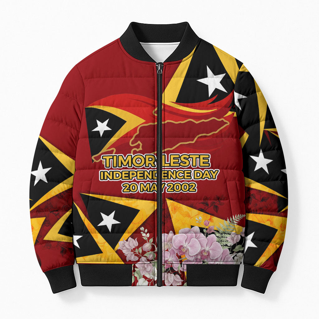 Timor-Leste Independence Day Bomber Puffer Jacket Timor-Leste Cultural Pride - Cristi Rei Floral