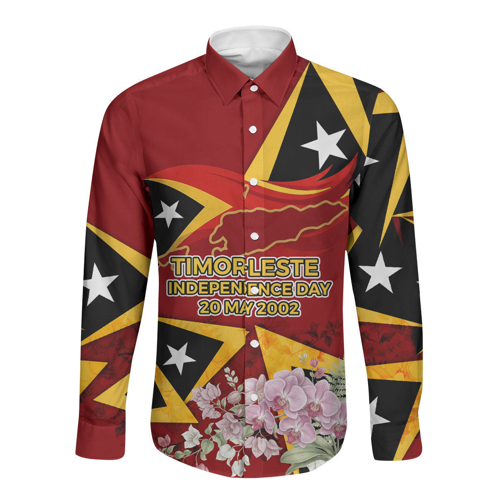 Timor-Leste Independence Day Long Sleeve Button Shirt Timor-Leste Cultural Pride - Cristi Rei Floral