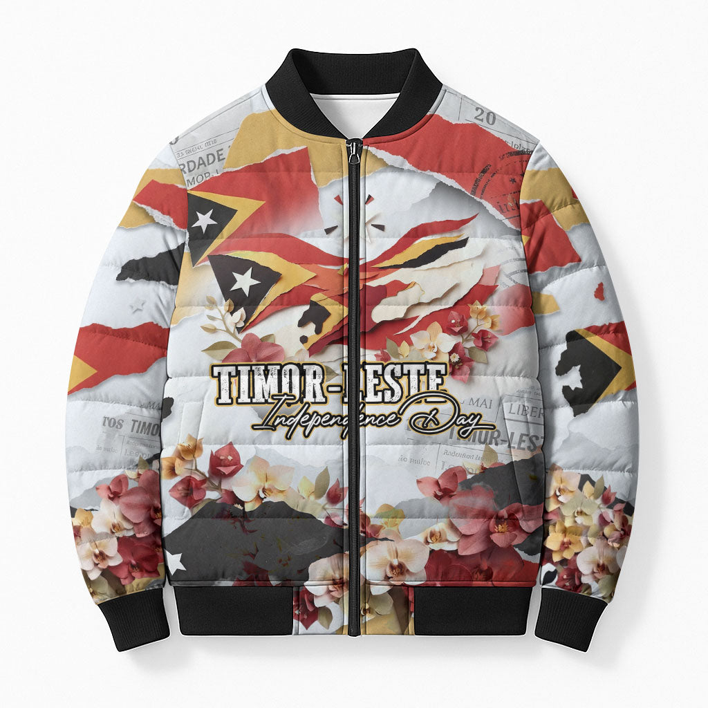 Timor-Leste Independence Day Bomber Puffer Jacket Timor-Leste Flag Cultural Heritage Floral