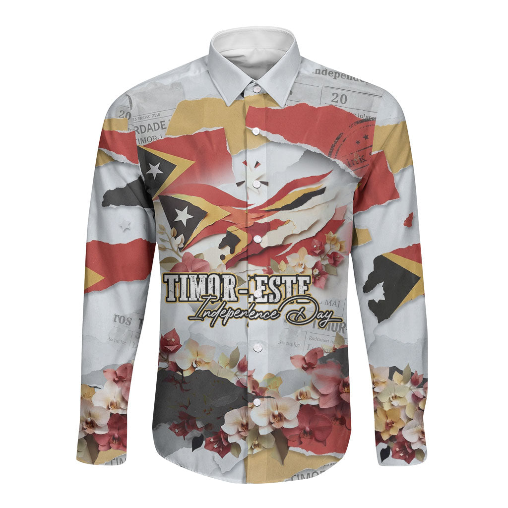 Timor-Leste Independence Day Long Sleeve Button Shirt Timor-Leste Flag Cultural Heritage Floral