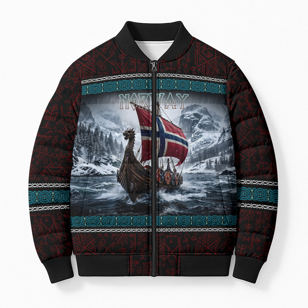 Norway Viking Ship Warrior Bomber Puffer Jacket Norse Mythology Rune
