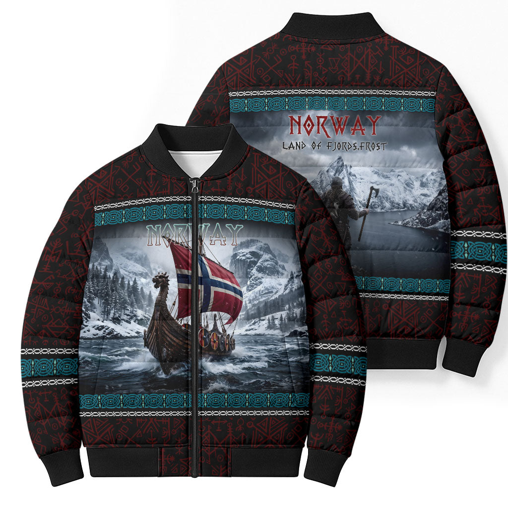 Norway Viking Ship Warrior Bomber Puffer Jacket Norse Mythology Rune