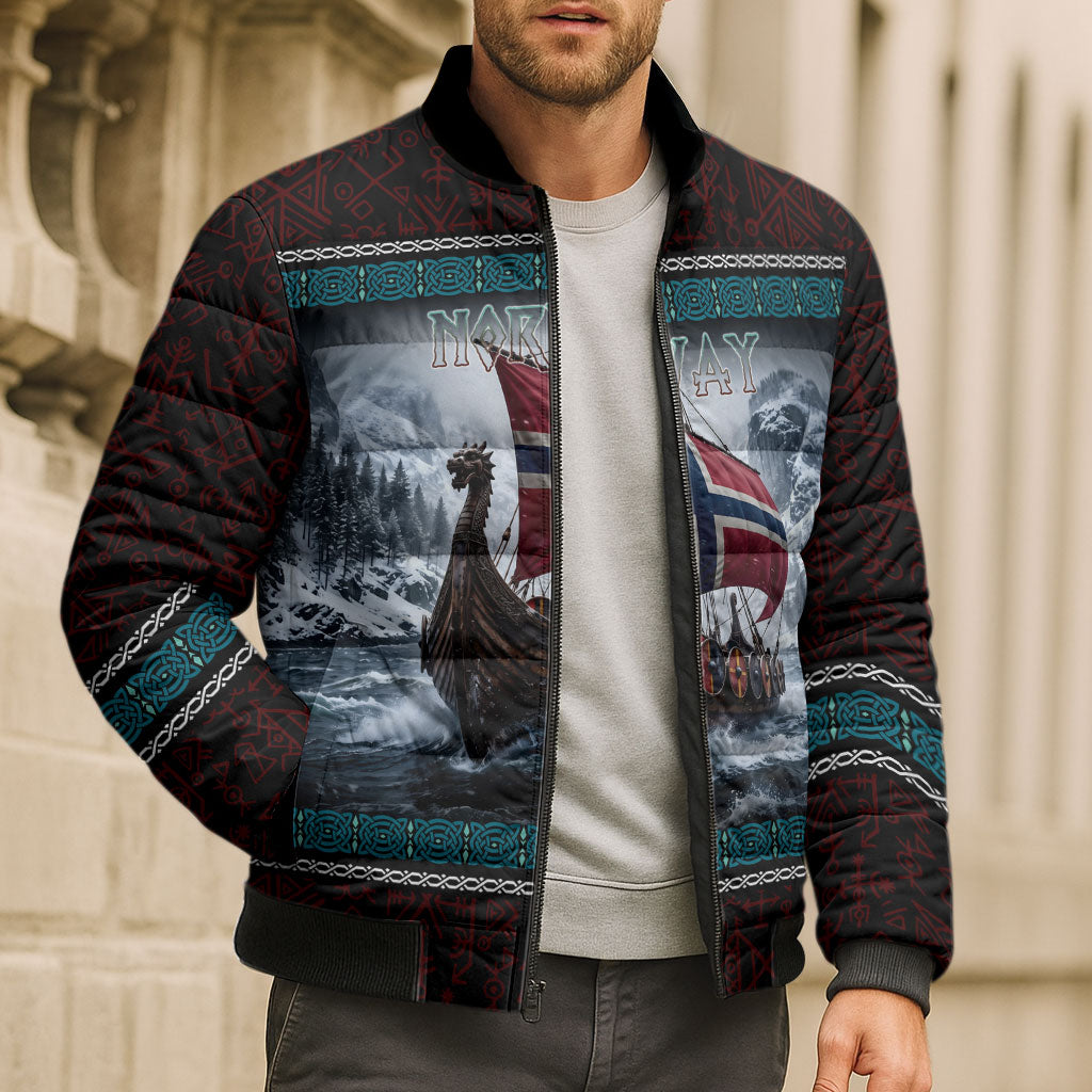 Norway Viking Ship Warrior Bomber Puffer Jacket Norse Mythology Rune