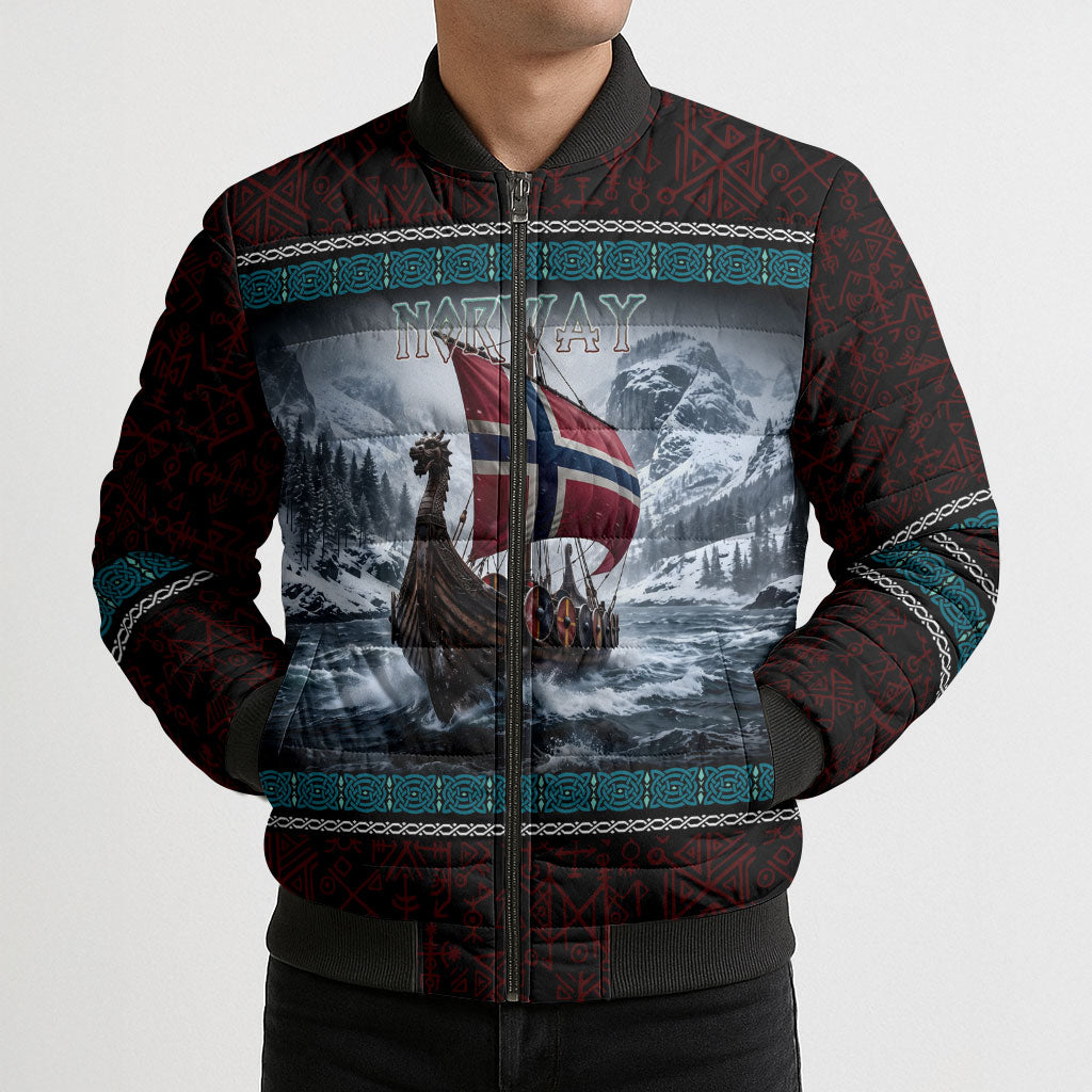 Norway Viking Ship Warrior Bomber Puffer Jacket Norse Mythology Rune