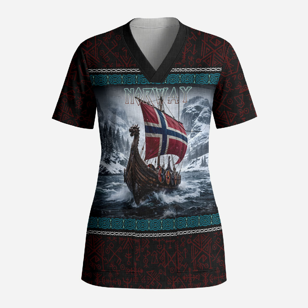 Norway Viking Ship Warrior Scrub Top Norse Mythology Rune