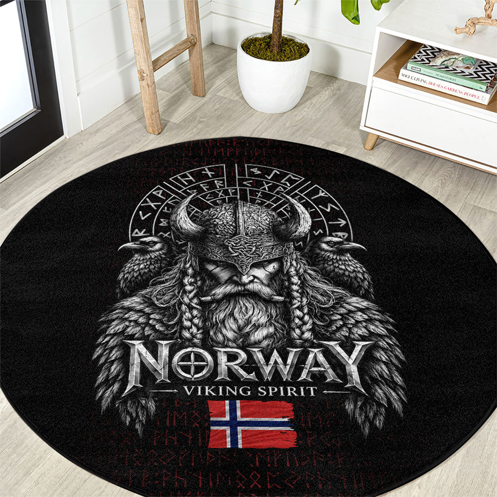 Norway Viking Spirit Warrior Round Carpet Norse Mythology Ravens Rune