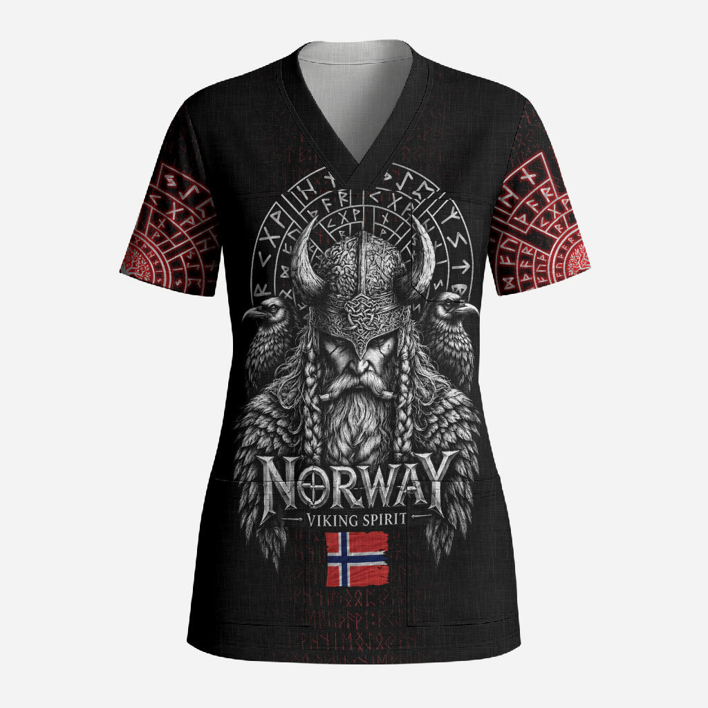 Norway Viking Spirit Warrior Scrub Top Norse Mythology Ravens Rune