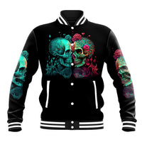 Black skull baseball jacket with colorful rose-and-skull front graphic, snap button front