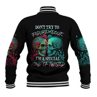 Black skull baseball jacket, back graphic with colorful skulls and 'I'm a special' text