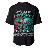 Black skull baseball jersey with rose and text graphic on back, short sleeves