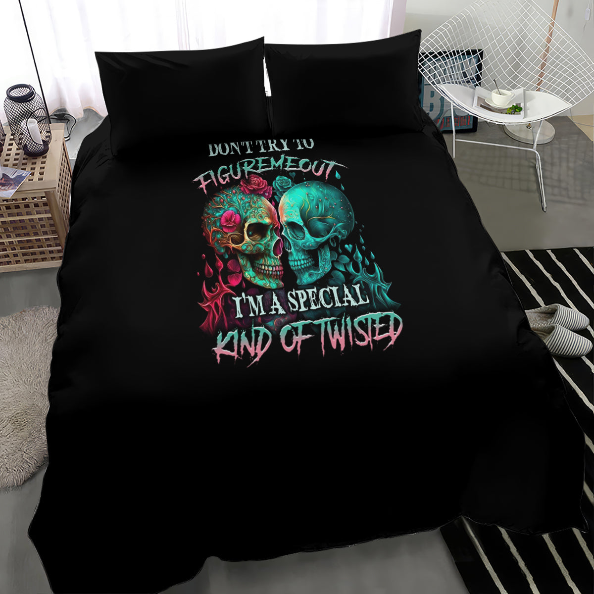 Black duvet set with twin skull artwork and text slogan, with two coordinating pillowcases