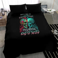 Black duvet set with twin skull artwork and text slogan, with two coordinating pillowcases