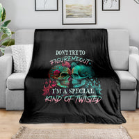 Black skull blanket with multicolor rose-and-skull faces and 'Kind of Twisted' text