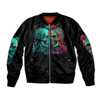 Zip-up bomber jacket with colorful skull rose graphic and front zipper