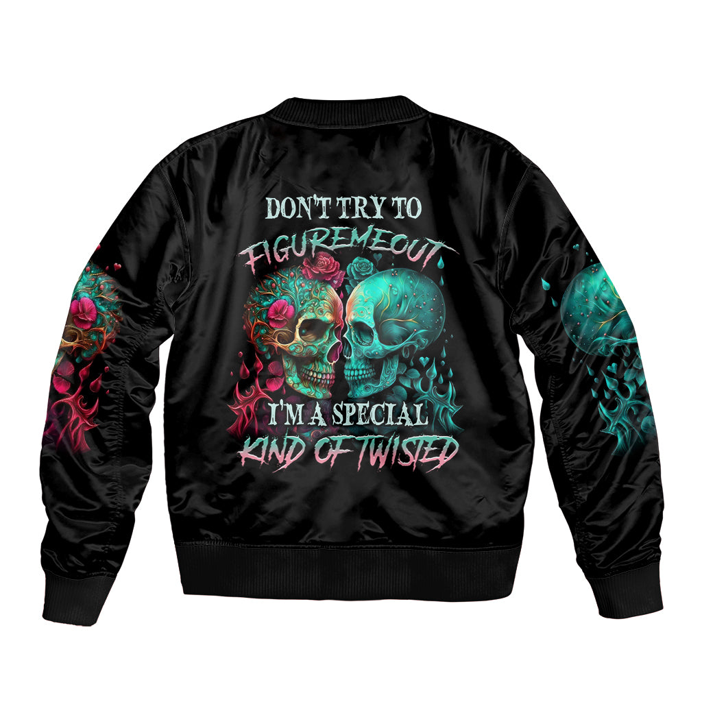 Black satin bomber jacket with colorful skull graphic and front-back text, ribbed cuffs