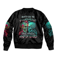 Black satin bomber jacket with colorful skull graphic and front-back text, ribbed cuffs