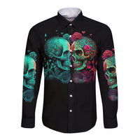 Black long-sleeve button shirt with colorful twin skulls and roses, front view