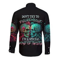 Black long-sleeve button shirt, skull graphic with 'Don't Try to Figure Me Out' text, back