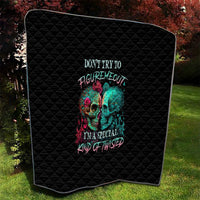 Black quilt with rounded edges and colorful twin skull graphic